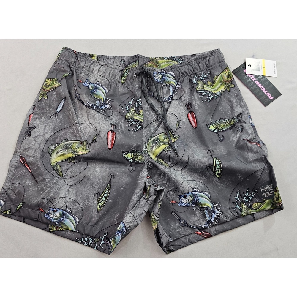 Psycho Tuna Mens Swim Trunks M Charcoal Reel Em In Fishing PTYB0051C NEW